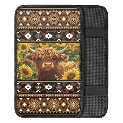 Wanyint Auto Center Console Pad, Easy to Install Armrest Cover, Car Accessories Fit Most Vehicles, SUV, Truck, Vans Sedans, Aztec Brown Highland Cow Sunflower - color: Aztec Brown Highland Cow Sunflower