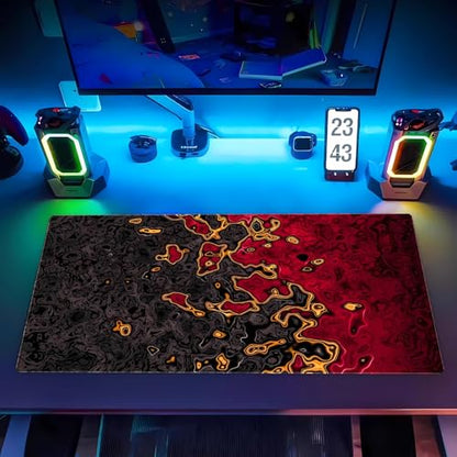 Red and Black Extended Gaming Mouse Pad XL, Abstract Fluid Art Desk Mat | Premium large desk pad featuring a modern black and red fluid marble design. Ideal for sleek abstract tech setups. - color: Red and Black Fluid Art