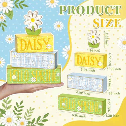 4Pcs Daisy Flower Hello Spring Wooden Stack Signs Rustic Farmhouse Tiered Tray Decor Yellow Blue Floral Wooden Table Decor for Spring Home Kitchen Office Gift - style: Hello Spring Daisies