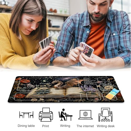 Playmat for MTG Dragon Flowers Spell Books Magic Play Mat 24x14 Inch Card Game Mat for Magic The Gathering TCG PTCG Playmat with Free Storage Bags Non-Slip Backing and Stitched Edge - color: Dragon Flowers Spell Books With Zones