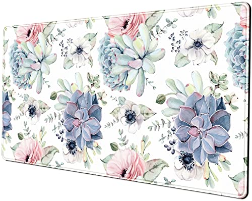 Watercolor Succulents Desk Mat, Plants Succulent Roses Desk Pad Protector, Large Gaming Mouse Pad, Stable Rubber Base Mousepad with Stitched Edges, Keyboard Mouse Mat for Work, Game, Office, Home - color: Watercolor Succulents