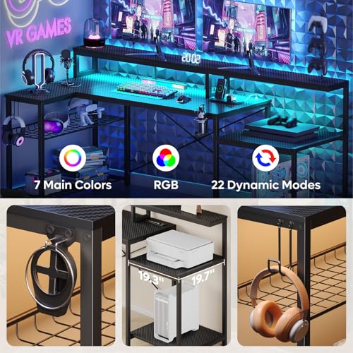 Bestier LED Gaming Desk with Power Outlets, 71 inch L Shaped Computer Desk with Monitor Stand, Large Desk with Printer Stand Adjustable Shelf, Cup Holder & Hooks, Home Office Desk Black | Carbon Fiber Desktop, 20 Static 22 Dynamic RGB Modes, Storage Rack,