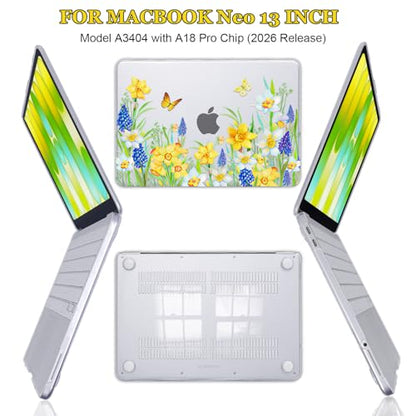 Case for 2026 MacBook Neo 13 Inch A18 Pro Chip Model A3404, Scratch-Resistant Hard Shell Case with Keyboard Cover, Screen Film, Silicone Dust Plugs & Webcam Cover, Yellow Floral & Butterfly - color: Yellow Floral & Butterfly