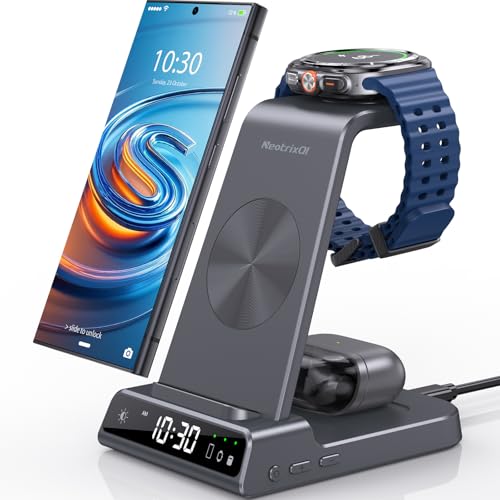 Wireless Charger for Samsung Charging Station: 3 in 1 Android Charging Stand with Dimmable Clock - Nightstand Organizer for Galaxy S25 Ultra, Galaxy Watch 8 7 6 5 4, Galaxy Buds (Not for iWatch) - color: Grey