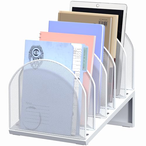 5-Section Desk File Organizer, Metal Mesh Folder Organizer for Documents, Mail & Office Papers (White) - color: White