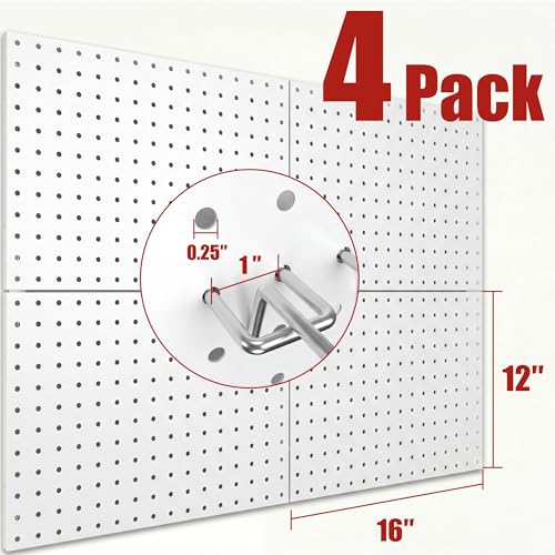 Peg Board 4 Pack Metal Pegboard Panels with 50 Hooks, White Pegboard Organizer - color: White, size: 16x12"- 4 Pcs