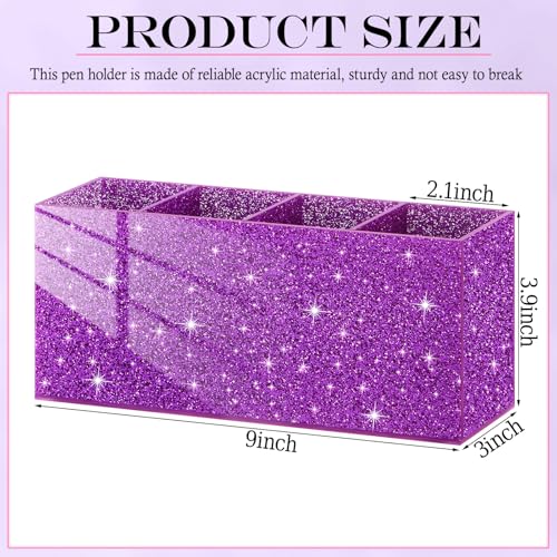 Jetec Acrylic Glitter Purple Pen Holder 4 Compartments Bling Makeup Brush Stationery Organizer Pencil Holder for Desk Accessories Sparkly Gifts for Women Back to School Birthday Desktop Office - color: Glitter Purple