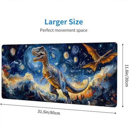 Dinosaur Gaming Mouse Pad Oil Painting Night Sky Dreamy Extended Mousepad Waterproof Stitched Edges Rubber Base Non-Slip Deskmap Computer Keyboard Mat Office Computer Keyboard Laptop 31.5x11.8 Inch - color: Dinosaur, size: 31.5" x 11.8"