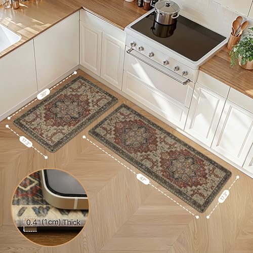 GENIMO Kitchen Mats for Floor 2PCs, Washable Anti Fatigue Mat for Cushioned, 17.3"x47"+17.3"x30", Waterproof Kitchen Rugs, Non Slip Comfort Standing Mat Rug for Home, Sink, Laundry, Bordeaux - color: Bordeaux Red, size: 17.3"x47"+17.3"x30"--0.4 inches