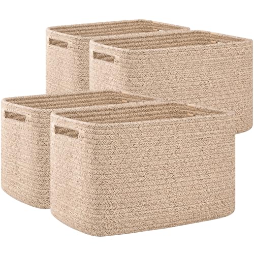 OIAHOMY 4 Pack Storage Baskets for Organizing, Cube Storage Bins for Shelves, Rectangle Storage Baskets With Handles, Woven Baskets for Storage, 16''Lx12''Wx8''H, Brown - color: Brown, size: 16x12x8inch
