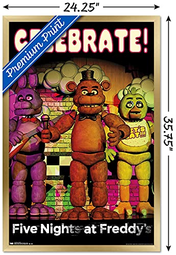 Trends International Five Nights at Freddy's - Celebrate Wall Poster, 22.375" x 34", Gold Framed Version - color: Gold Framed Version, size: 34"L x 22.4"W