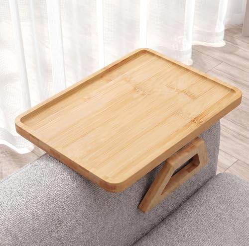 Couch Arm Tray, 13" × 9" Bamboo Foldable Sofa Armrest Table Tray Clip-On Desk for Eating TV Snacks Drinks Phone Remote, Natural Wood Wooden Holder Side Table for Armchair Recliner Small Spaces