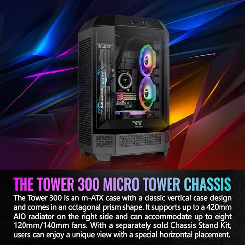 Thermaltake Tower 300 Black Micro-ATX Case; 2x140mm CT Fan Included; Support Up to 420mm Radiator; Optional Chassis Stand Kit Allows Horizontal Display; CA-1Y4-00S1WN-AZ; 3 Year Warranty - color: Black, size: Tower 300 Case, style: Tower 300