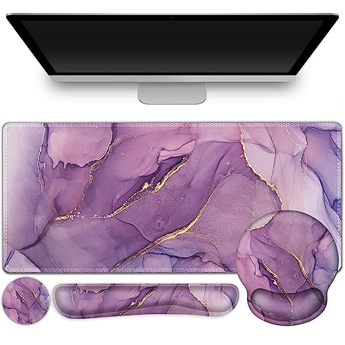ToLuLu Desk Mat, XXL Large Mouse Pad Wrist Support Set，4 in1 Gaming Mousepad Desk Pad+ Ergonomic Mouse Pad with Wrist Rest + Keyboard Wrist Rest+Coaster for Women Home Office Computer, Purple Marble - color: Purple Marble