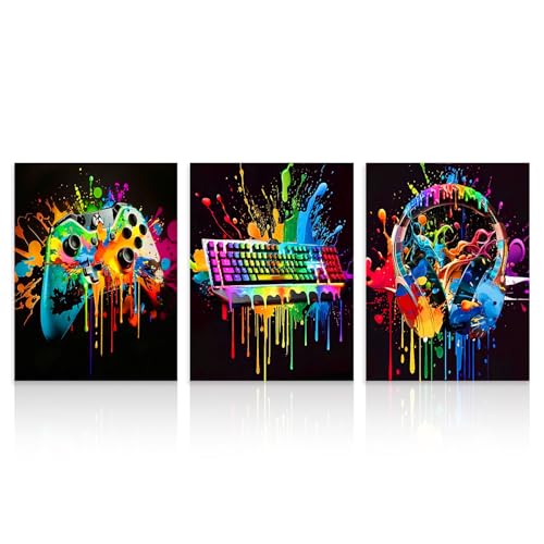 Dazzlewall 3Pcs Gaming Wall Art Colorful Gamer Posters | Controller Keyboard Headphone Prints, Paint Splatter Game Room Decor - color: Neon Paint Gamer, size: 12x16 in