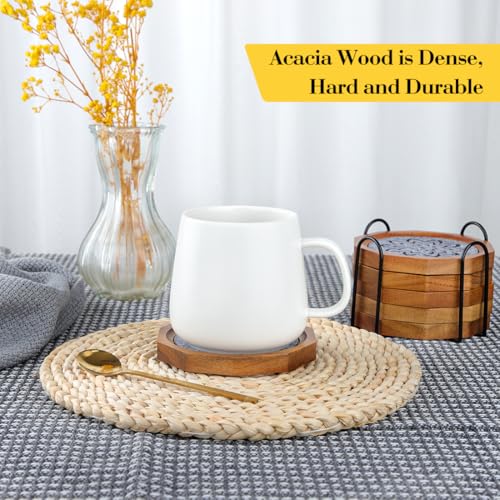 Wood Coasters for Drinks Absorbent with Lip, 4.3 Inch Acacia Wood Grey Felt Coaster with Holder for Wooden Coffee Table for Cups, Mugs, and Glasses - Set of 6 - color: Grey Felt