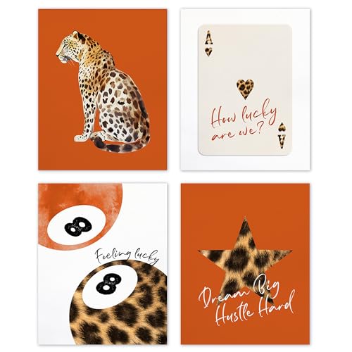 TLESKE Orange Preppy Cheetah Leopard Posters Prints Unframed 8x10 Set of 4, Orange Trendy Lucky 8 Balls Wall Art Prints Decor for Teen Girls Dorm Bedroom, Retro Cheetah Print Wall Pictures - color: orange cheetah, size: 10L" x 8W"