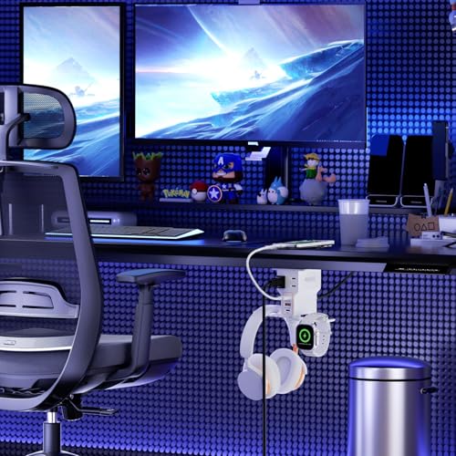 Gaming Headphone Stand with Charging Station - Aluminum Hooks Headphone Holder, Under Desk Headset Stand, 3 USB & AC Outlet, Surge Protector & Cable Organizer, Gift for Girl/Men - color: White