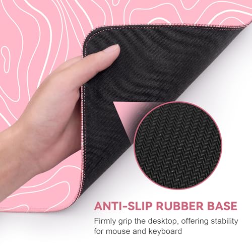 DIGSOM Gaming Mouse Pad, Pink with White Topographic Line, 31.5x11.8in | XL Mouse mat, Smooth surface, Anti-slip rubber base, For keyboard and mouse, For home and office use - color: Pink Topographic