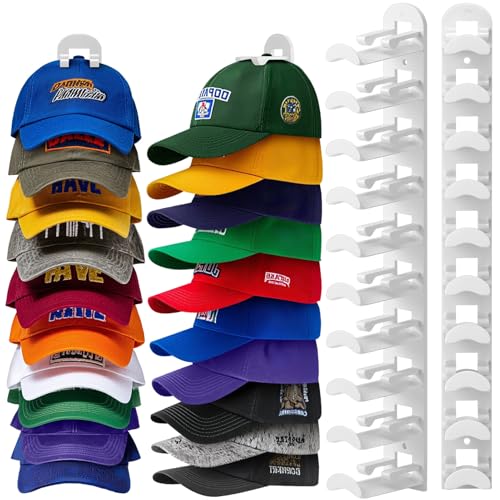 Hat Hook for Wall, 2 Pack Hat Organizer Hold up to 20 Hats,Hat Holder with Strong Adhesive and 8 Pack Screws, Cap Holder Hat Hangers for Wall Closet Door and Bedroom(B-white) - color: B-white