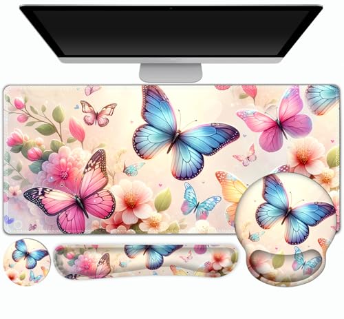 Gaming Mouse Pad, Large Desk Mat, Cute Desk Pad Protector, 4in1 XXL Mousepad + Keyboard Wrist Rest+Mouse Wrist Rest+Coaster Set with Ergonomic Desk Pad for Home Office PC Computer, Butterflies Flowers - color: Butterflies Flowers