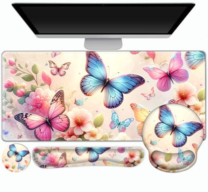 Gaming Mouse Pad, Large Desk Mat, Cute Desk Pad Protector, 4in1 XXL Mousepad + Keyboard Wrist Rest+Mouse Wrist Rest+Coaster Set with Ergonomic Desk Pad for Home Office PC Computer, Butterflies Flowers - color: Butterflies Flowers