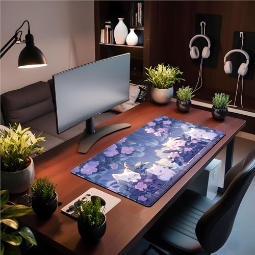 Kawaii Cat Desk Mat XXL Extended Purple Gaming Mouse Pad Large Mousepad, Cute Desk Mat Keyboard and Mouse with Stitched Edges Desk Pad for Game Office Home Desk Purple Decor 31.5x15.7 in - color: D-rainforest Purple Kitten