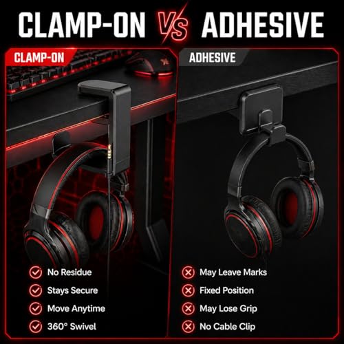 Clamp-On Under Desk Headphone Hanger, 360° Rotating Hook with Cable Clip, No Adhesive No Drill, Gaming & Office Desk Headset Organizer Black