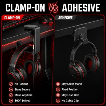 Clamp-On Under Desk Headphone Hanger, 360° Rotating Hook with Cable Clip, No Adhesive No Drill, Gaming & Office Desk Headset Organizer Black