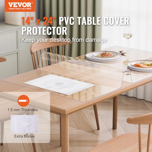 VEVOR Plastic Table Cover, 14 x 24 Inch 1.5 mm Rectangle Thick Clear PVC Desk Mat Protector,Waterproof & Easy Cleaning Desk Pad Tablecloth, for Office, Dresser, Dining Room, Night Stand - size: 24" x 14" (Rectangular)