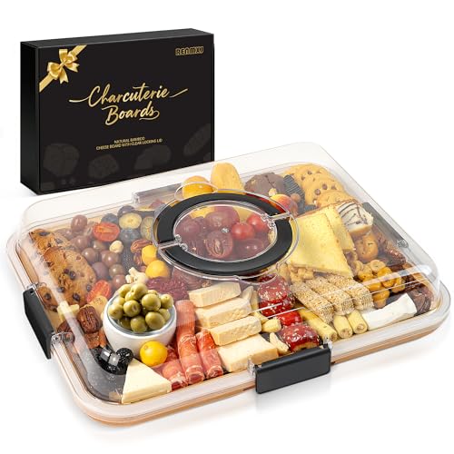 Renmxj Charcuterie Board with Clear Lid, Travel Portable Cheese Board Charcuterie Box Cutting Boards for Kitchen, Picnic and Party, House Warming Gifts New Home (Black, 6 Compartments) - color: Black, size: 14.4" x 11.2" x 2.9"