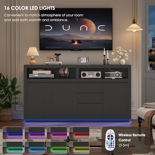 FACBOTALL 63" Modern TV Stand, Large Entertainment Center with Storage Cabinets & Drawers, Media Console Cabinet up to 70 Inch with LED Lights & Power Outlet, TV Consoles for Living Room, Black - color: Black