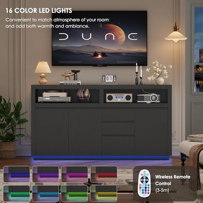 FACBOTALL 63" Modern TV Stand, Large Entertainment Center with Storage Cabinets & Drawers, Media Console Cabinet up to 70 Inch with LED Lights & Power Outlet, TV Consoles for Living Room, Black - color: Black