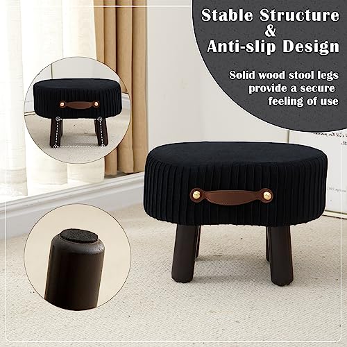Foot Stools Ottoman with Handle Small Foot Stool Footrest Ottomon | Velvet Footstool Ottoman with Padded Seat, Curved Foot Rest Stool with Wooden Legs for Living Room, Entrywa（Black） - color: Black