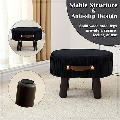 Foot Stools Ottoman with Handle Small Foot Stool Footrest Ottomon | Velvet Footstool Ottoman with Padded Seat, Curved Foot Rest Stool with Wooden Legs for Living Room, Entrywa（Black） - color: Black