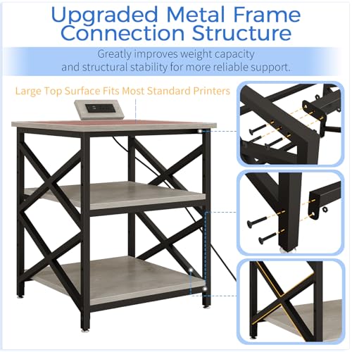 METYERRY Large Printer Stand with Power Outlet, with Height Adjustable Storage Shelf, 3 Tier Rolling Printer Cart with Industrial Wheels, 23.6 x 23.6 Inches Printer Table for Home Office, Greige - color: Greige