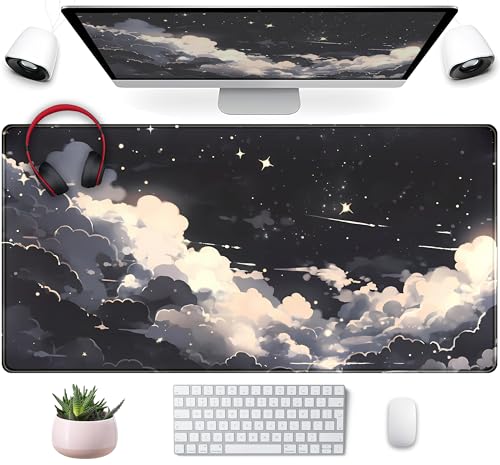 Black Anime Cloud Desk Mat XXL Large Gaming Mouse Pad Computer Laptop Mat, Extended Non-Slip Rubber Base Mousepad Keyboard and Mouse Mat, Night Sky Desk Pad with Stitched Edges, 31.5x15.75 in - color: Black Anime Cloud