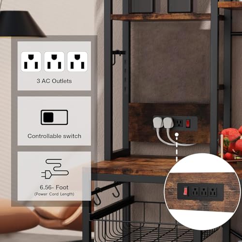 Luckyeestar Bakers Rack with Power Outlet - 6 Tier Microwave Stand with Storage, 35.4 inches Kitchen Shelf with Wire Basket and 12 S Hooks,Coffee Bar Shelf, Adjustable Feet, Rustic Brown Cabinet - size: 6-Tier 35.4 inches