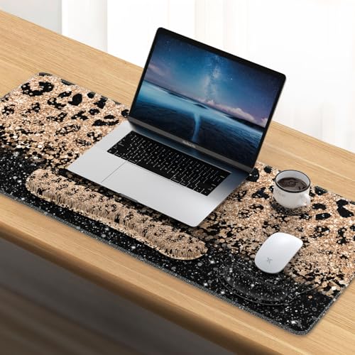iLeadon Mouse Pad Set, Desk Mat + Mouse Pad with Wrist Rest + Keyboard Wrist Rest + Coaster, 4in1 Leopard Mouse and Keyboard Pad Set for Home Office, Black Gold Leopard - color: Black Gold Leopard
