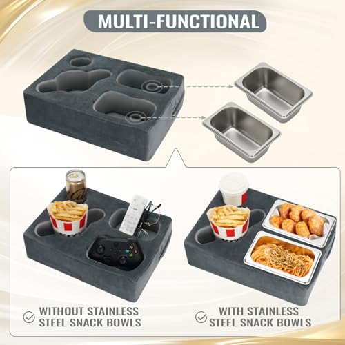 Cup Pillow Holder for Couch – Cup Glass Cozy Pillow | Bed Couch Cup Holder with SS Food Container for Pasta, Fruit, Snacks, Remote | Sofa Drink Buddy for Car, RV, Living Room, Picnic, Camping (Grey)