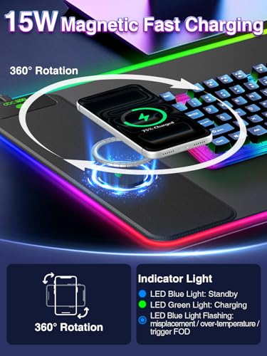 XXL RGB Gaming Mouse Pad with 15W Magnetic Wireless Charging, 31.5'' x 15.8'' Extra Large LED Mousepad, 24 Lighting Effects Desk Mat with Non-Slip Rubber Base, Waterproof Ultra-Smooth Surface - color: RGB-31.5"x15.8"
