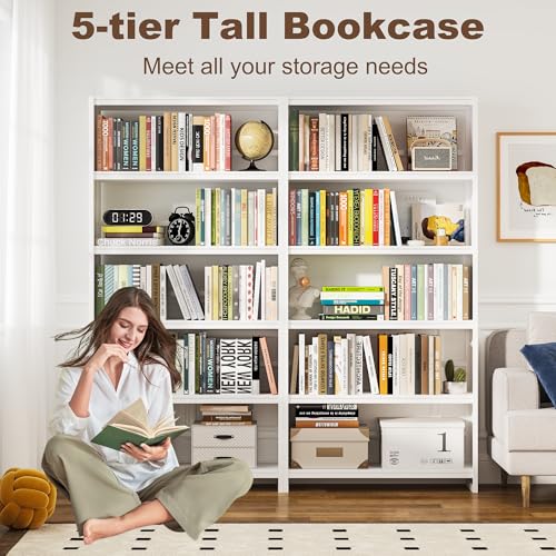 5 Tiers Metal White Bookshelf - 69.3" Tall Bookcase, Display Storage Shelves with Bookend, Heavy Duty Steel Bookshelves for Living Room, Bedroom, Study (White) - color: White-5 Tier