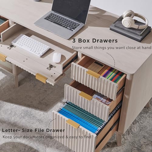 T4TREAM Modern Fluted Executive Desk with Drawers, 60" Home Office Computer Desk with Charging Station & Keyboard Tray, Alder White - color: Alder White
