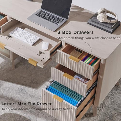 T4TREAM Modern Fluted Executive Desk with Drawers, 60" Home Office Computer Desk with Charging Station & Keyboard Tray, Alder White - color: Alder White