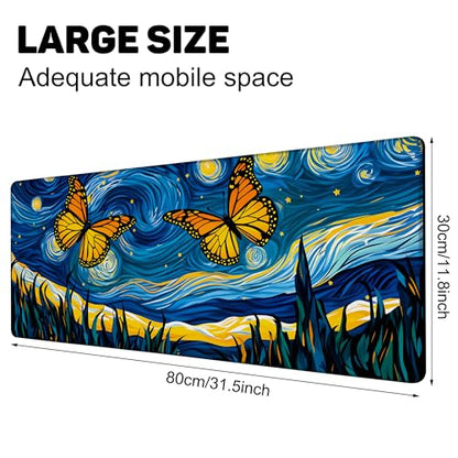 Starry Night Butterflies Gaming Mouse Pad Large Desk Mat Extended Keyboard Anime Mousepad with Non-Slip Base and Stitched Edge for Desk Home Office Gaming,31.5 x 11.8 Inch - color: Starry Night Butterflies, size: 11.8*31.5inch