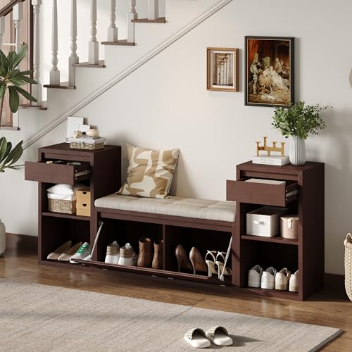 JIJIWANG 77.48" W Entryway Storage Bench with Cushion, 4-in-1 Hallway Bench with Drawers, Compartments and Open Shelves, Mudroom Bench for Shoes and Storage, Espresso - color: Espresso