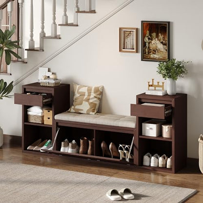 JIJIWANG 77.48" W Entryway Storage Bench with Cushion, 4-in-1 Hallway Bench with Drawers, Compartments and Open Shelves, Mudroom Bench for Shoes and Storage, Espresso - color: Espresso