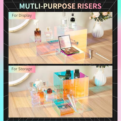 3Pcs Iridescent Risers Display Stands,Stackable Acrylic Cubes | Clear Display Box Nesting Rainbow Showcase for Collectibles Figures Jewelry Perfume Handbag Dessert, Neon Food Buffet Riser - color: Iridescent-3pcs