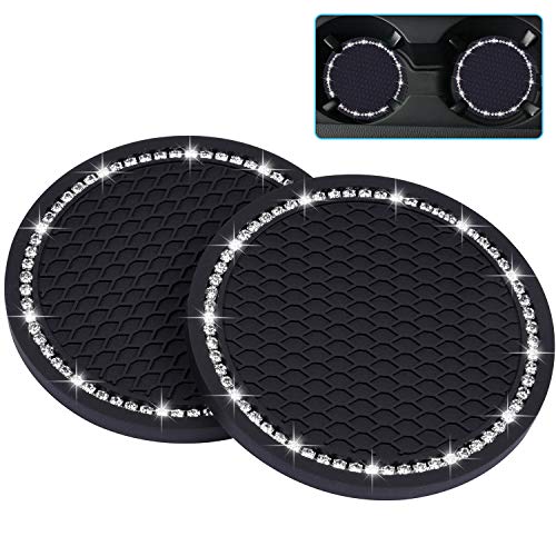 Bling Car Coasters, Wisdompro 2 Pack PVC Car Cup Holder Insert Coaster - Anti Slip Universal Vehicle Interior Accessories Crystal Glitter Cup Mats for Women and Men(2.75" Diameter, Black) - color: Black