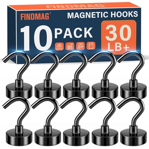 FINDMAG 10 Pack Black Magnetic Hooks, 30lbs Neodymium Magnet Hooks for Hanging, Strong Magnetic Hooks Magnet with Hooks for Home, Kitchen, Office, Warehouse, School - color: Black, size: 0.63 inches